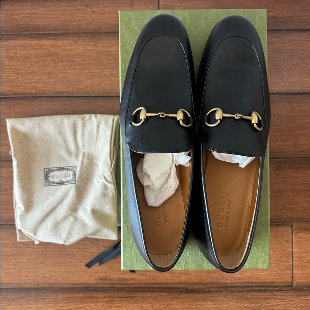 Gucci Black Leather Horsebit Slip-On Loafers with Gold Hardware